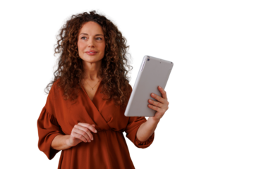 Woman with curly hair holding a digital tablet presenting new ideas or reviewing content, transparent background