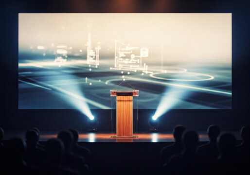 Empty podium on stage with dramatic lighting and large digital presentation screen in background, representing conference keynote, technology event, leadership speech, seminar, business announcement, 