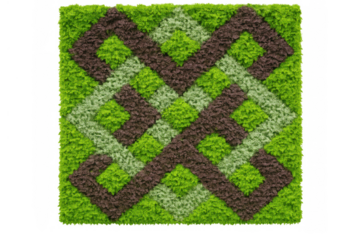Moss wall with celtic knot design, illustrating biophilic pattern and natural green geometric texture, transparent background