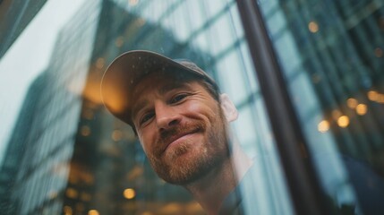 Portrait of a climber looking at the camera, smiling, man washing windows on a skyscraper, cleaning an office building. man wosher. hard danger work concept. outdoor worker.