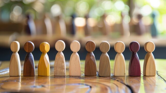 A row of wooden figurines in various colors stands on a wooden surface. The background is blurred with more figurines visible, creating a sense of community.
