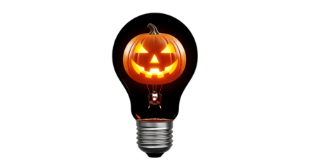 Glowing Jack O Lantern Carved Pumpkin atop a Traditional Incandescent Light Bulb, isolated on a transparent background, cutout, PNG