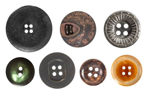 Isolated photo of various colored plastic decorative cloth buttons on white background.