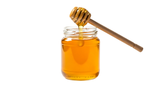 Glass jar filled with golden honey and wooden dipper dripping sweet liquid, isolated on a transparent background, cutout, PNG