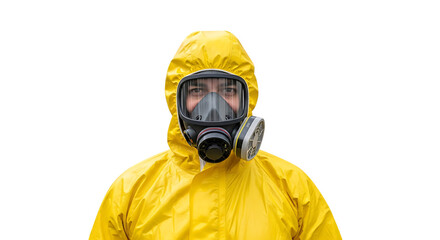 Person wearing yellow protective suit and gas mask with filters, isolated on a transparent background, cutout, PNG