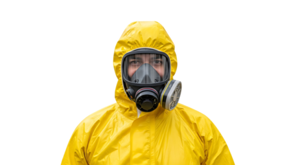 Person wearing yellow protective suit and gas mask with filters, isolated on a transparent background, cutout, PNG