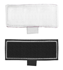 Isolated photo of black and white colored cloth label with stitched borders on white background.