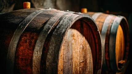 Barrels Age Fine Wine in a Rustic Winery Bathed in Soft, Dim Light Creating a Premium Experience
