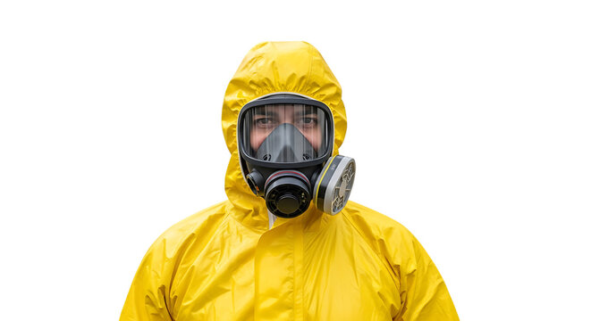 Person wearing yellow protective suit and gas mask with filters, isolated on a transparent background, cutout, PNG