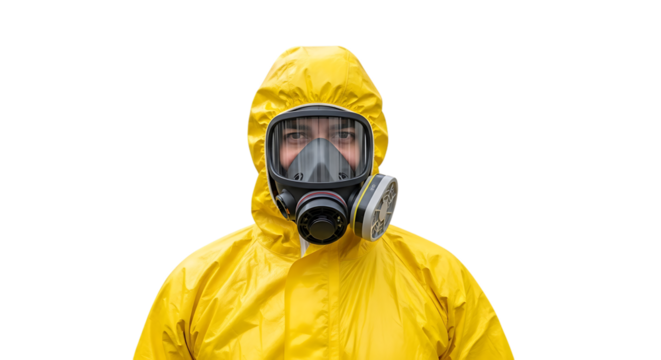 Person wearing yellow protective suit and gas mask with filters, isolated on a transparent background, cutout, PNG