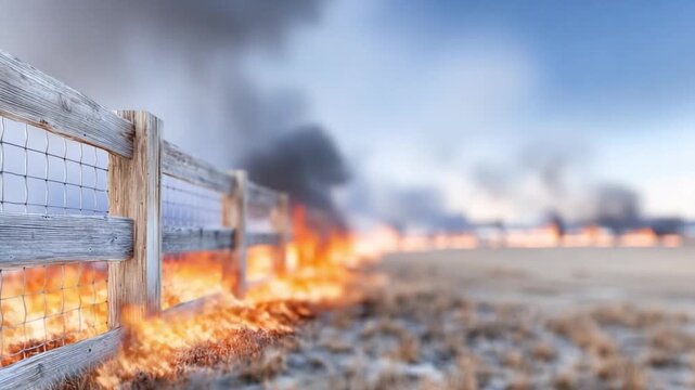 Burning Fence: A wooden fence consumed by a raging fire with the fire consuming everything in its path, symbolizing destruction.