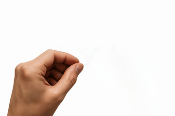 hand isolated on a white background. thumb and index finger touching as if holding a small invisible object or making a gesture. copy space template.