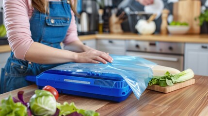 A young woman with long brown hair in a pink sweater and denim overalls uses a vacuum sealer in a modern kitchen. Fresh vegetables are on the wooden countertop.