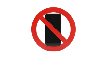 Red prohibition sign with diagonal line over a black smartphone, isolated on a transparent background, cutout, PNG
