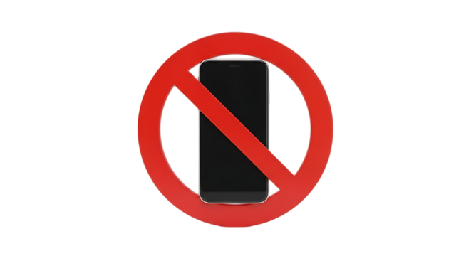 Red prohibition sign with diagonal line over a black smartphone, isolated on a transparent background, cutout, PNG