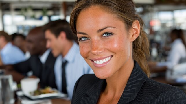 A young businesswoman smiles at the camera while her coworkers eat lunch in a restaurant