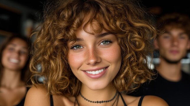 A young woman with curly hair smiles broadly. Two blurry friends are visible in the background