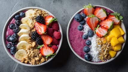 Acai smoothie bowls topped with fresh berries, banana, mango, granola, and coconut flakes, representing healthy breakfast superfood nutrition and colorful vegan meal presentation