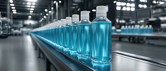 Blue liquid bottles moving on a conveyor belt in a factory. Industrial production line for consumer goods manufacturing and packaging process.