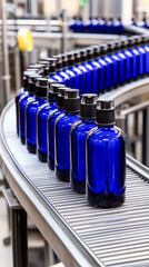 Cobalt blue glass bottles with pump dispenser cap moving on a production line conveyor belt in a factory for cosmetic or pharmaceutical product packaging.