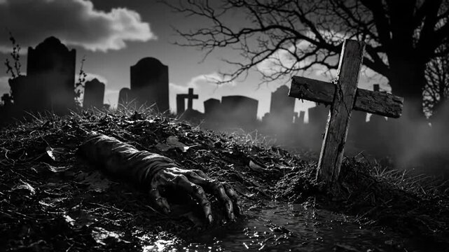 Zombie hand emerging from grave on halloween night with cemetery silhouettes in moody black and white scenery