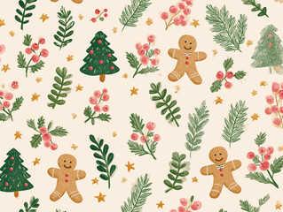 A cheerful, festive, and seamless repeating pattern illustrating traditional Christmas motifs with a textured, crayon-like finish