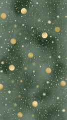 A seamless, richly textured vertical pattern with a dark, mottled forest green background, scattered with various sizes of shimmering gold spheres, stylized starbursts, and small white snow