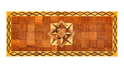Isolated photo of oak wood veneer ornate ethnic tile panel on white background. Baroque style furniture pattern.