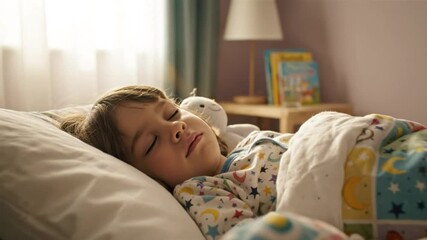 peaceful little girl sleeping soundly in a cozy bed at daytime with a stuffed animal