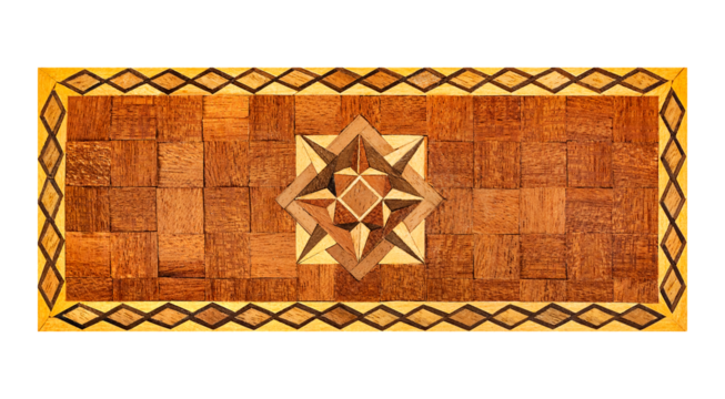 Isolated photo of oak wood veneer ornate ethnic tile panel on white background. Baroque style furniture pattern.