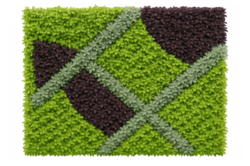 Green wall composition with varying shades of plants and geometric shapes, creating a modern environmental design. Isolated