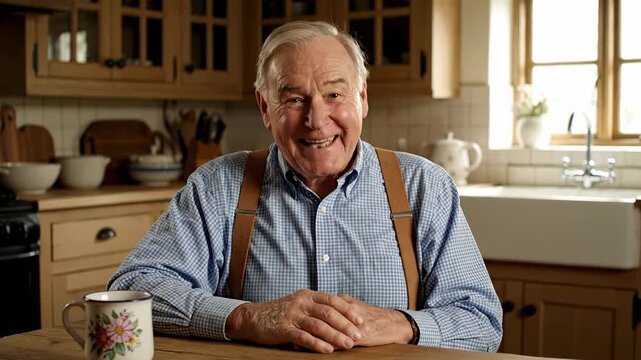 Photo of a joyful elderly man sitting at his dining table. Smiling grandfather gazing directly at the viewer, expressing pure happiness