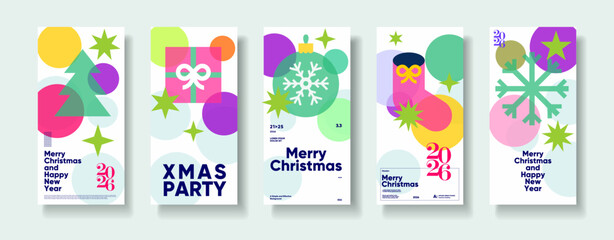 A vibrant set of Christmas and New Year themed posters featuring colorful geometric shapes, stars, snowflakes, and festive greetings. Perfect for holiday celebrations, parties, and seasonal