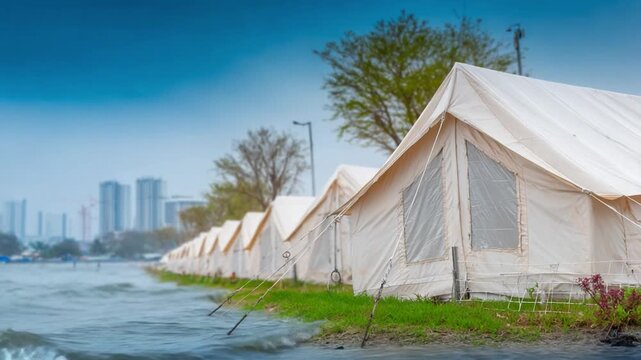 Camping Tents by the Water: A line of camping tents sit along the shore, with the towering city's silhouettes in the distance under an overcast sky.