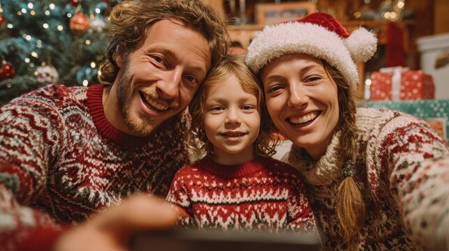 Family selfie and celebrating Christmas with a man, woman and child excited in a family photo for the festive season; Xmas, gift and mobile picture for social media with parents and kids
