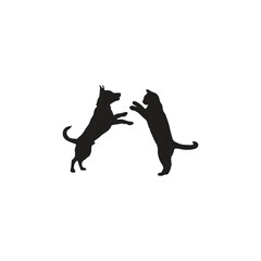 A silhouette of a dog and a cat standing on their hind legs facing each other on a white background