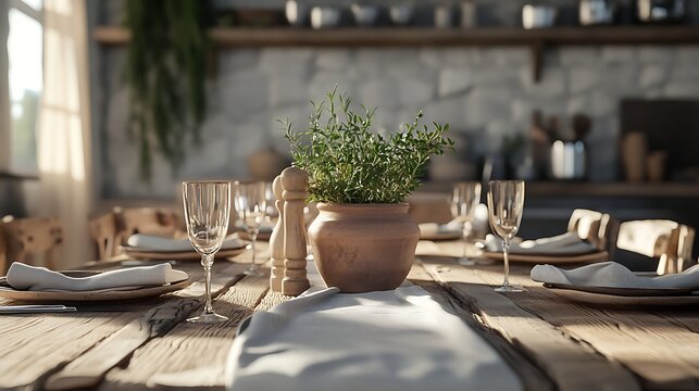Rustic farmhouse dining table set for a meal with herbs - Powered by Adobe
