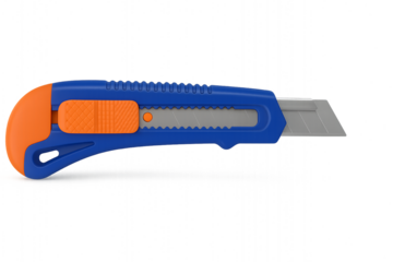 Box cutter isolated PNG on transparent background, blue and orange utility knife for cutting cardboard and paper, sharp blade