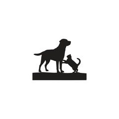 Silhouette of a dog standing next to a cat on a black surface against a white background scene view
