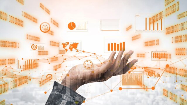 A conceptual representation of data analysis and visualization featuring a hand reaching out in a digital environment filled with business charts and graphs. Xenic