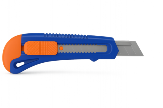 Box cutter isolated PNG on transparent background, blue and orange utility knife for cutting cardboard and paper, sharp blade
