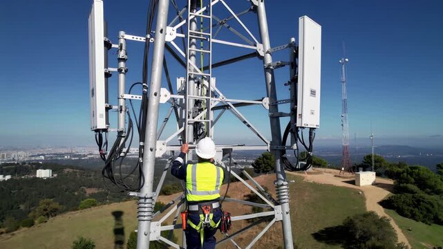 high-angle shot tower technician climbing metal lattice during maintenance wearing high-visibility vest and helmet secured with safety harness adjusting cellular antenna cables on hillside site