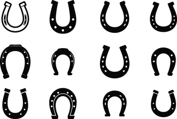 Collection of twelve black metal horseshoes arranged in three rows of four on a white background symbolizing luck and equestrianism
