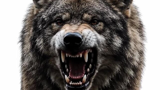 Angry gray wolf growling and baring its fangs directly at the camera. Ferocious alpha male showing aggression isolated on a white background