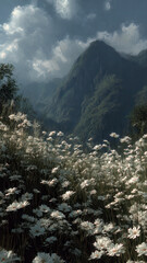 Wild Daisies Field In Suminagashi-Inspired Style, Overlooking Dark Bas-Relief Textured Mountain Under Stormy Sky.