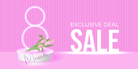 Bright vector banner for 8 March sale with pink gradient background, neon-style headline and tulips. Elegant promotional design for Women’s Day discounts and online shopping offers.