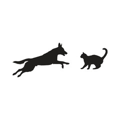 A black silhouette of a dog jumping towards a cat on a white background in a vector style image