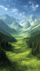 Lush Alpine Valley Displaying Crystalline Bas-Relief Texture Between Verdant Evergreen Forests Under A Clear Sky.