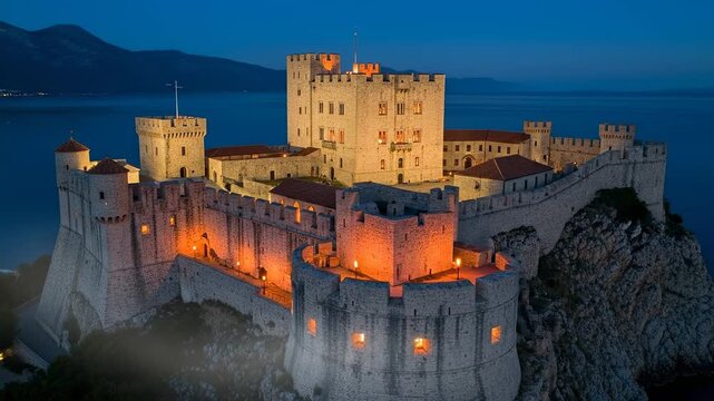 Illuminated Castle of Pe??scola at Night - A Coastal Fortress.