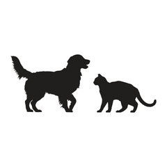 Silhouette of a golden retriever dog facing a cat on a white background in a simple vector image